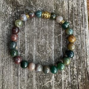 Hand Crafted Stretch Bracelet Gemstone with LOVE Bead Green Brown Antique Gold